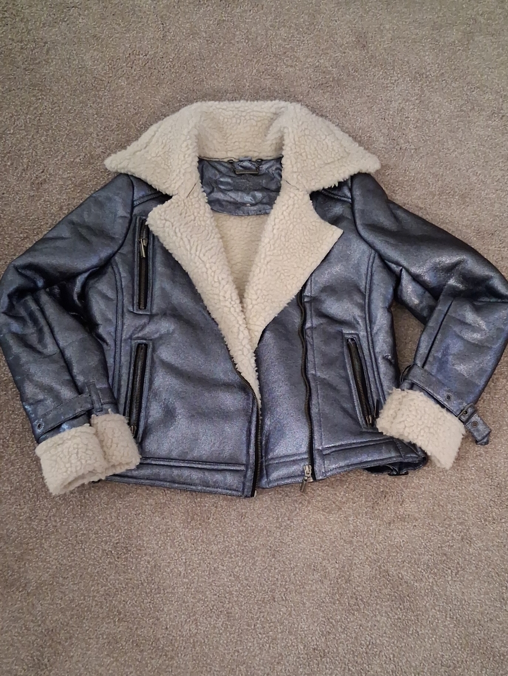 JOU JOU Faux Fur Suede Metallic Silver/Blue Moto Jacket. Faux  Shealing Lining.